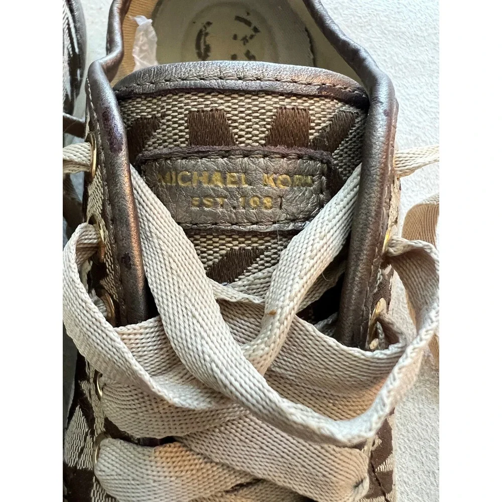 Michael Kors MK Logo Canvas Leather Trim Low Top Sneakers Women's Size 7M Bronze